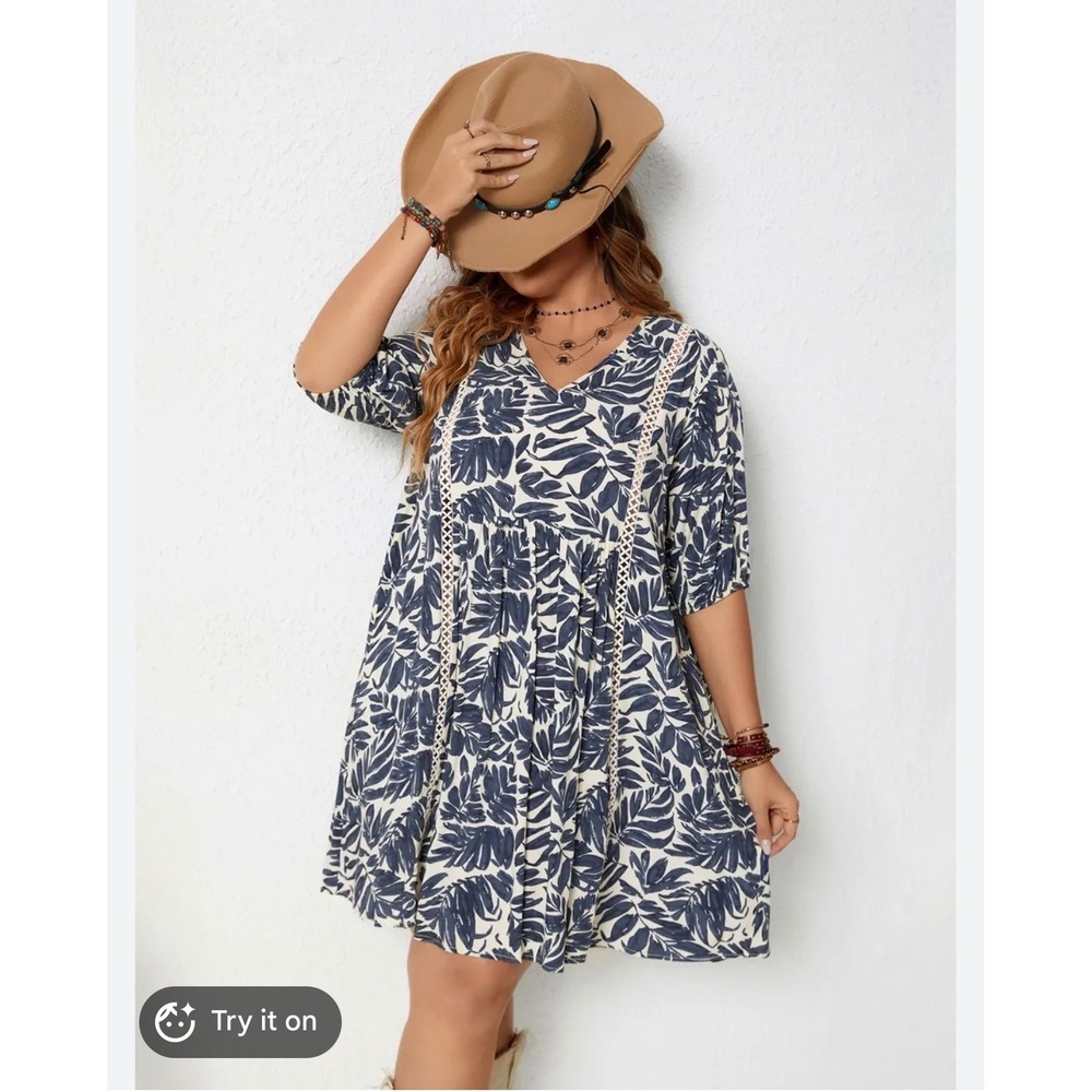 Lagenlook Babydoll Dress 1XL Navy Blue Tropical Palm Leaf Lace Trim Beach Boho